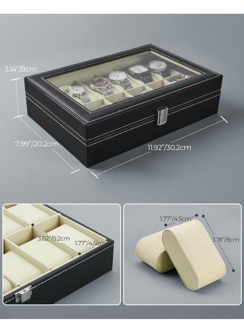 صندوق حفظ الساعات مع 12 خانة من الجلد، حافظة ساعات ومجوهرات للرجال والسيدات، صندوق عرض الساعات والمجوهرات مع غلاف زجاجي شفاف، خازنة ساعات ومجوهرات - Image 2