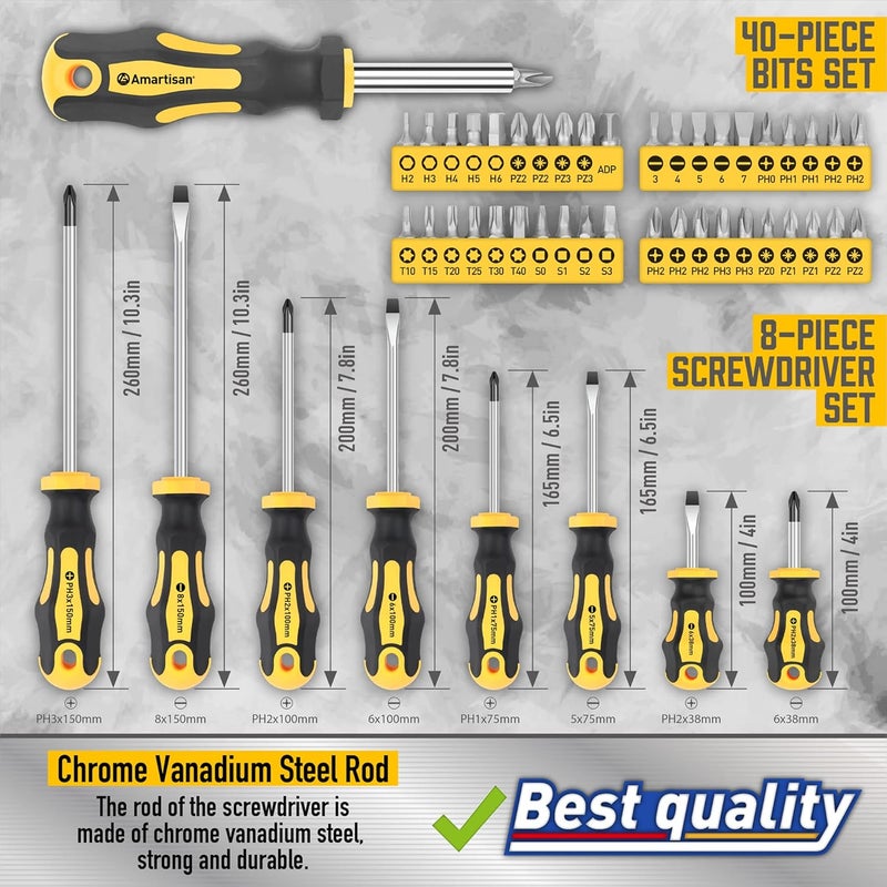 Amartisan Magnetic Screwdrivers Set with Case, 72-piece Includs Slotted, Phillips, Hex, Square, Pozidriv,Torx Bits and Insulated Screwdriver Set (1000V), Tools for Men - Image 3