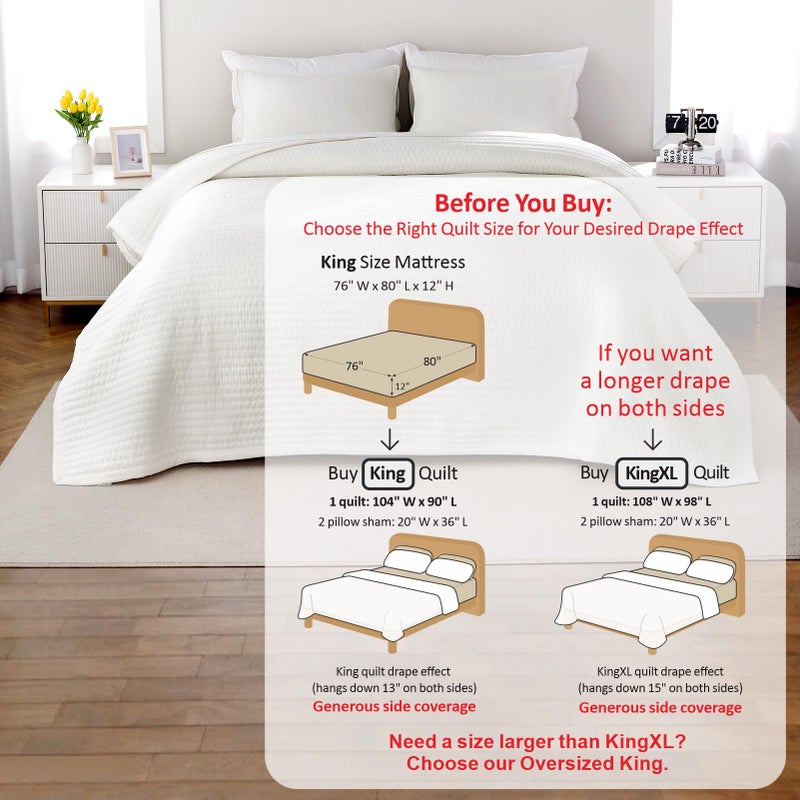 DAWNDIOR King Quilt Set â€“ 104"x90" Soft Washed 3-Layer Lightweight Bedspread with Multi-Lock Quilting, Minimalist Nordic Bedding, All-Season Quilt Set for Spring & Summer (1 Quilt + 2 Pillow Shams),Cream White - Image 3