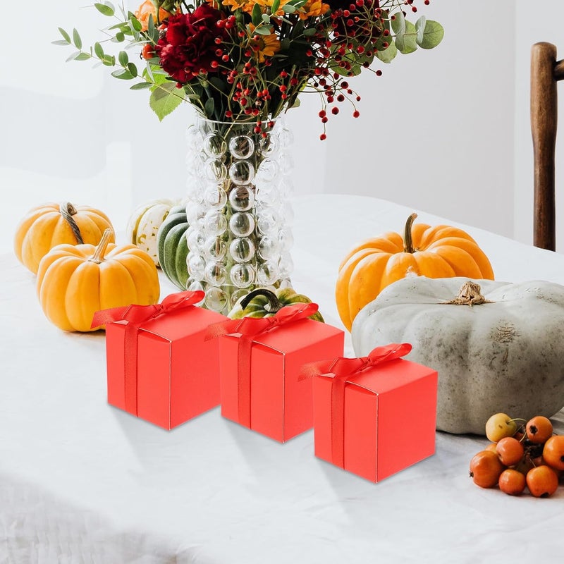 SWETRACE Red Kraft Paper Candy Boxes 50pcs with Red Ribbon, Square Chocolate Candy Pack Boxes for Wedding Party Favors and Packaging - Image 4
