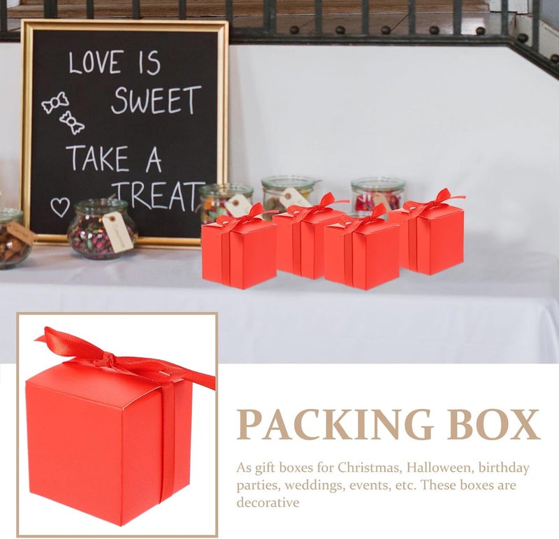SWETRACE Red Kraft Paper Candy Boxes 50pcs with Red Ribbon, Square Chocolate Candy Pack Boxes for Wedding Party Favors and Packaging - Image 3