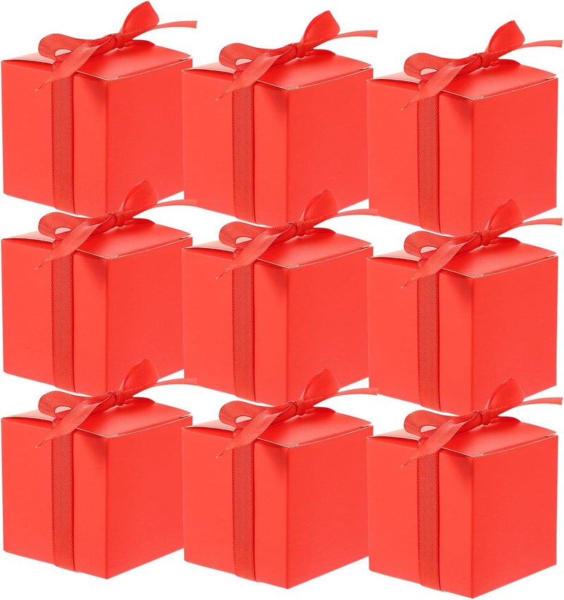 SWETRACE Red Kraft Paper Candy Boxes 50pcs with Red Ribbon, Square Chocolate Candy Pack Boxes for Wedding Party Favors and Packaging - Image 1