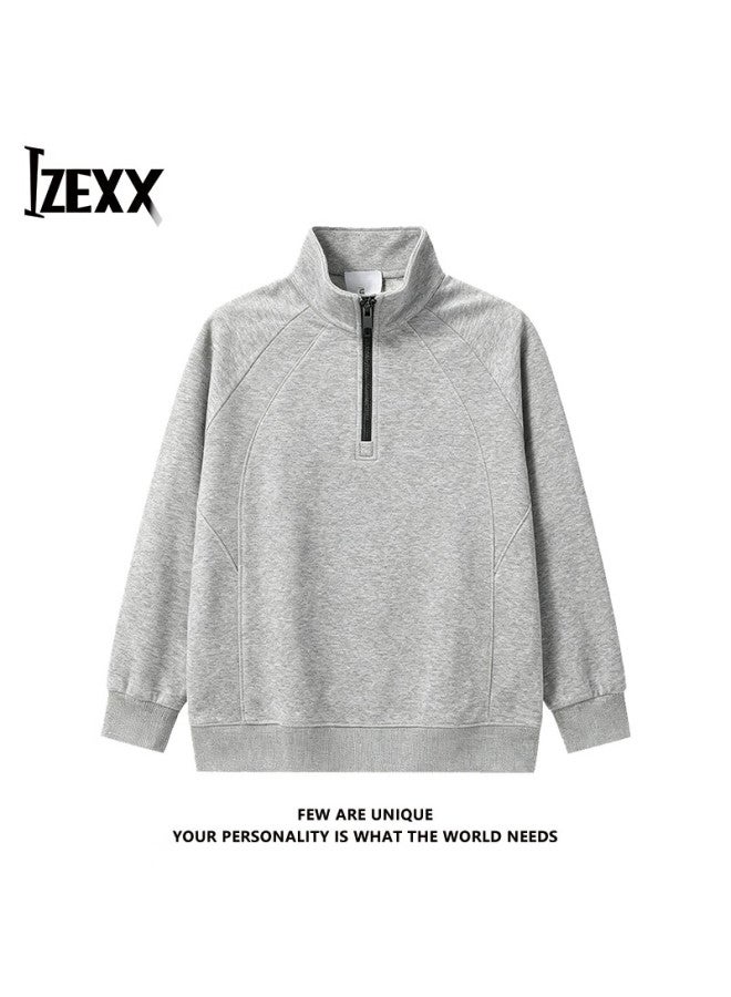 Izexx American Style Deconstructed Half-zip Hoodie Men's Autumn Winter Loose Casual Versatile Couple Sweatshirt Zhw22 Light Gray L - Image 1