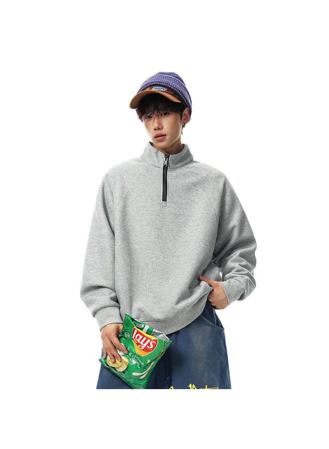 Izexx American Style Deconstructed Half-zip Hoodie Men's Autumn Winter Loose Casual Versatile Couple Sweatshirt Zhw22 Light Gray L - Image 3