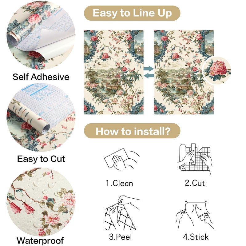 Froluya Peel and Stick Wallpaper Vintage Floral Contact Paper 16.9" x 118.1" Peony Floral Wallpaper Peel and Stick Retro Self Adhesive Removable Wallpaper for Kitchen Bathroom Decor Waterproof Vinyl - Image 5