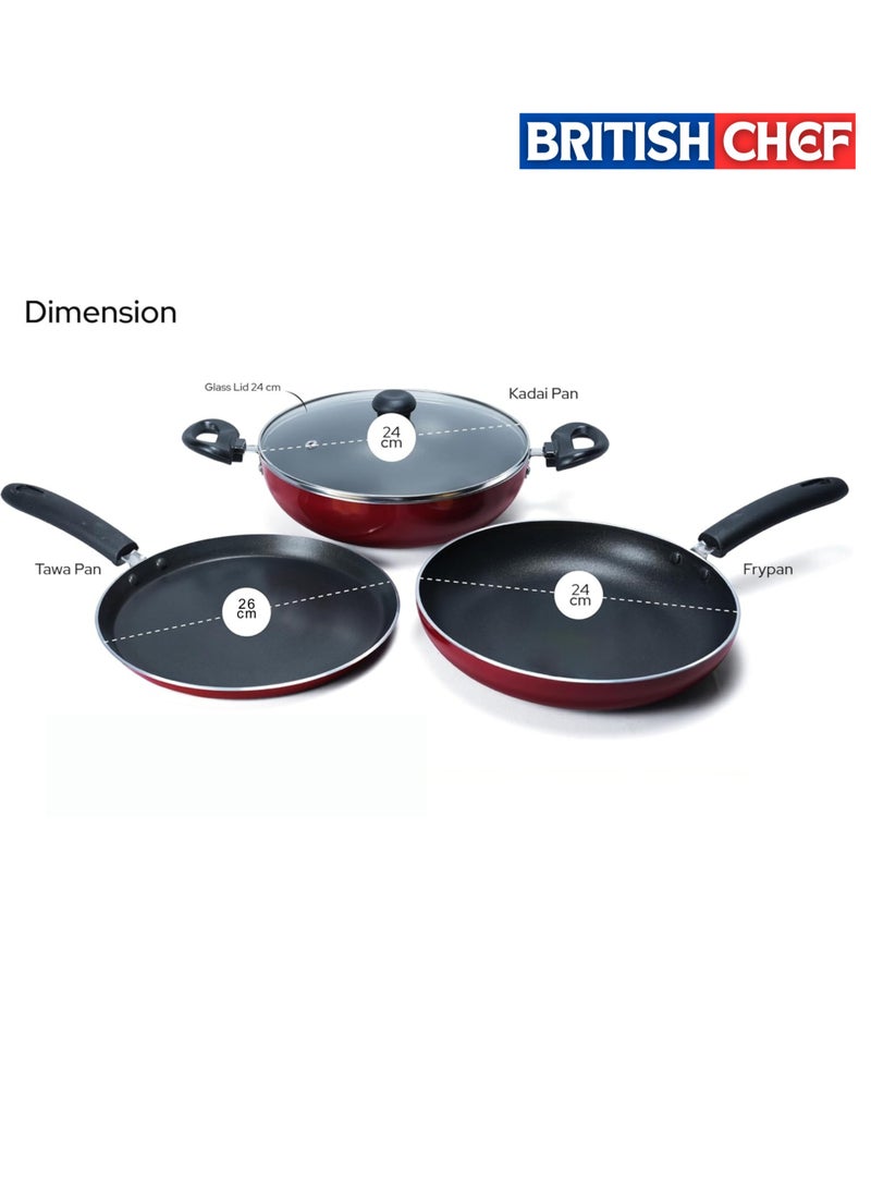 British Chef 4 Piece Nonstick Cookware Jumbo Set  | 26cm Tawa , 24cm Fry Pan, 24cm Kadai | Insulated Handle Powered with Premium Grip  - Image 4