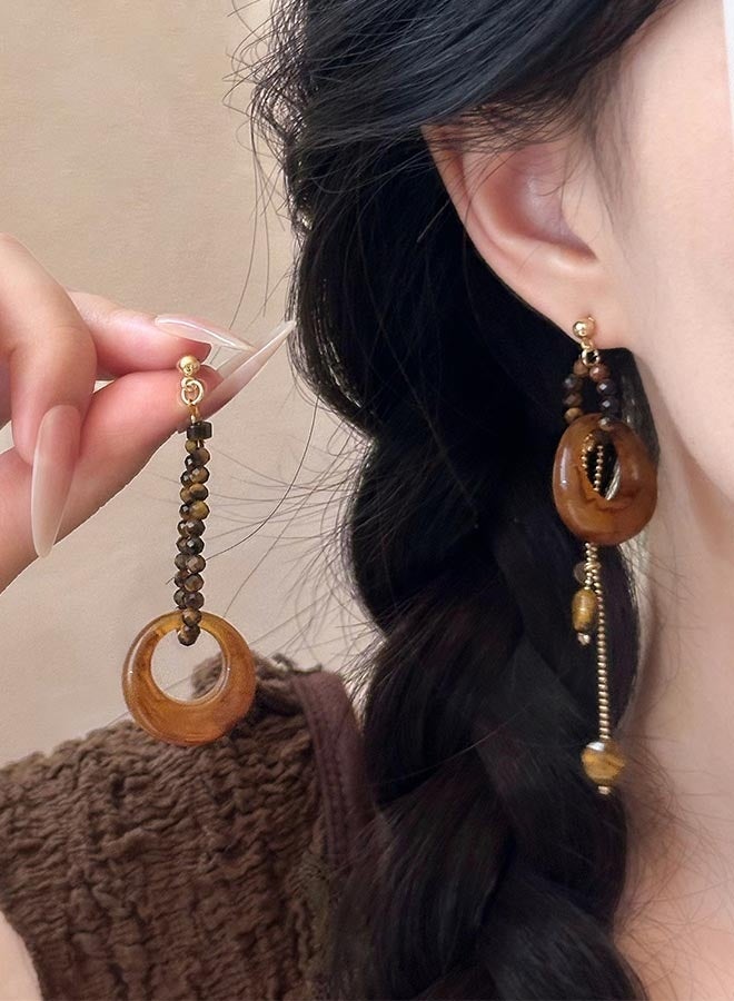 JUNO & Co. Women'S Wooden Earrings, Copper And Wood Hoop Pendants, Light Geometric Brown Earrings, Suitable For Western Bohemian Style - Image 1