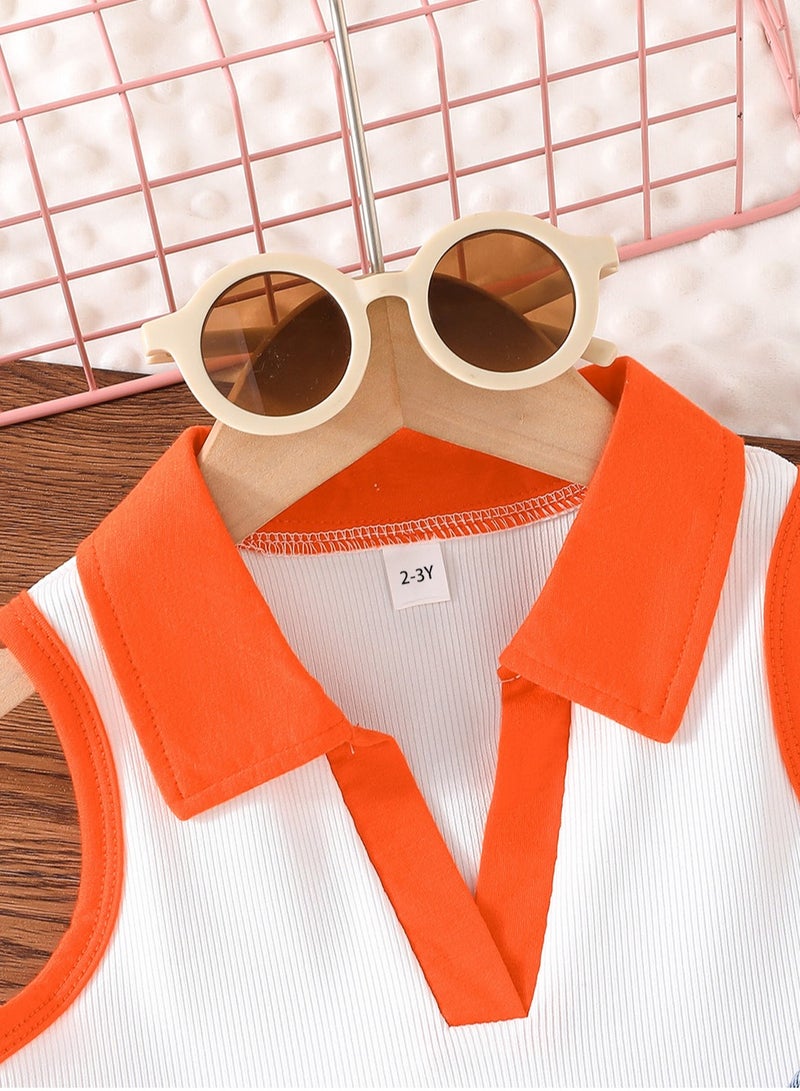 2–3Y Toddler Girls 2 Pcs Set, Polo-Collar Sleeveless Top with Bright Orange Trim, White & Orange Contrast, Denim Scallop-Edge Skort Set, Casual Summer Outfit for Birthday, Picnic, Travel, Park Playdates  - Image 4
