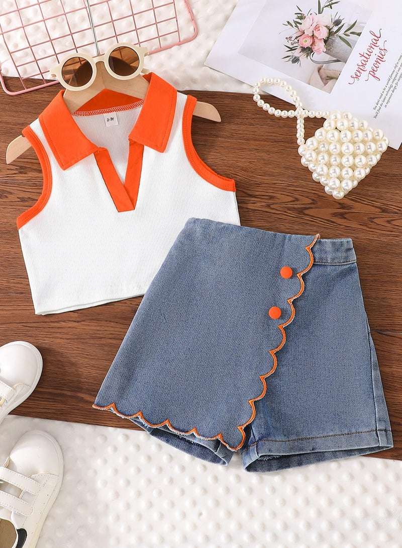 2–3Y Toddler Girls 2 Pcs Set, Polo-Collar Sleeveless Top with Bright Orange Trim, White & Orange Contrast, Denim Scallop-Edge Skort Set, Casual Summer Outfit for Birthday, Picnic, Travel, Park Playdates  - Image 1