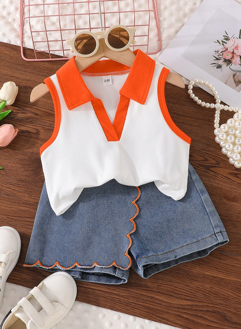 2–3Y Toddler Girls 2 Pcs Set, Polo-Collar Sleeveless Top with Bright Orange Trim, White & Orange Contrast, Denim Scallop-Edge Skort Set, Casual Summer Outfit for Birthday, Picnic, Travel, Park Playdates  - Image 2