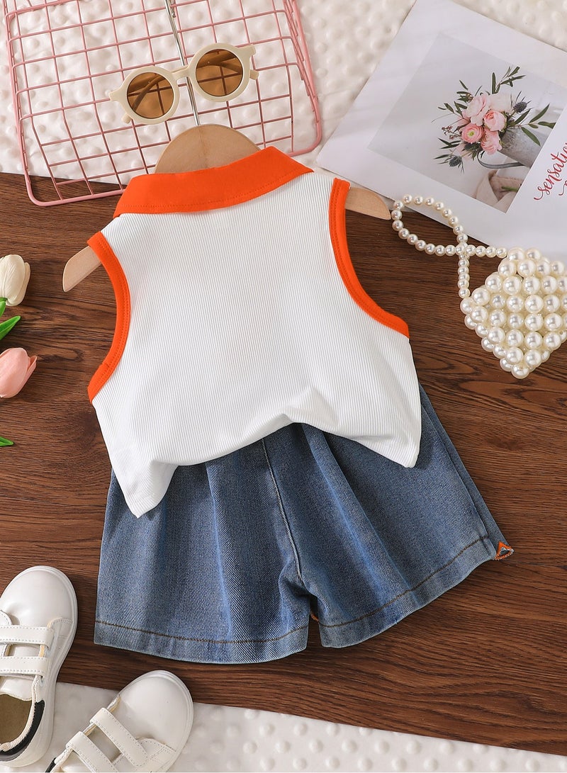 2–3Y Toddler Girls 2 Pcs Set, Polo-Collar Sleeveless Top with Bright Orange Trim, White & Orange Contrast, Denim Scallop-Edge Skort Set, Casual Summer Outfit for Birthday, Picnic, Travel, Park Playdates  - Image 3