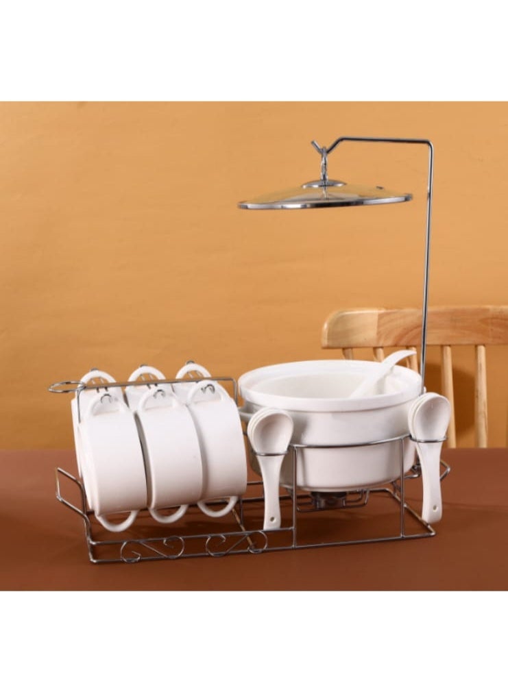 طقم شوربة بورسلين مع ملاعق مع قاعدة بتصميم حديث