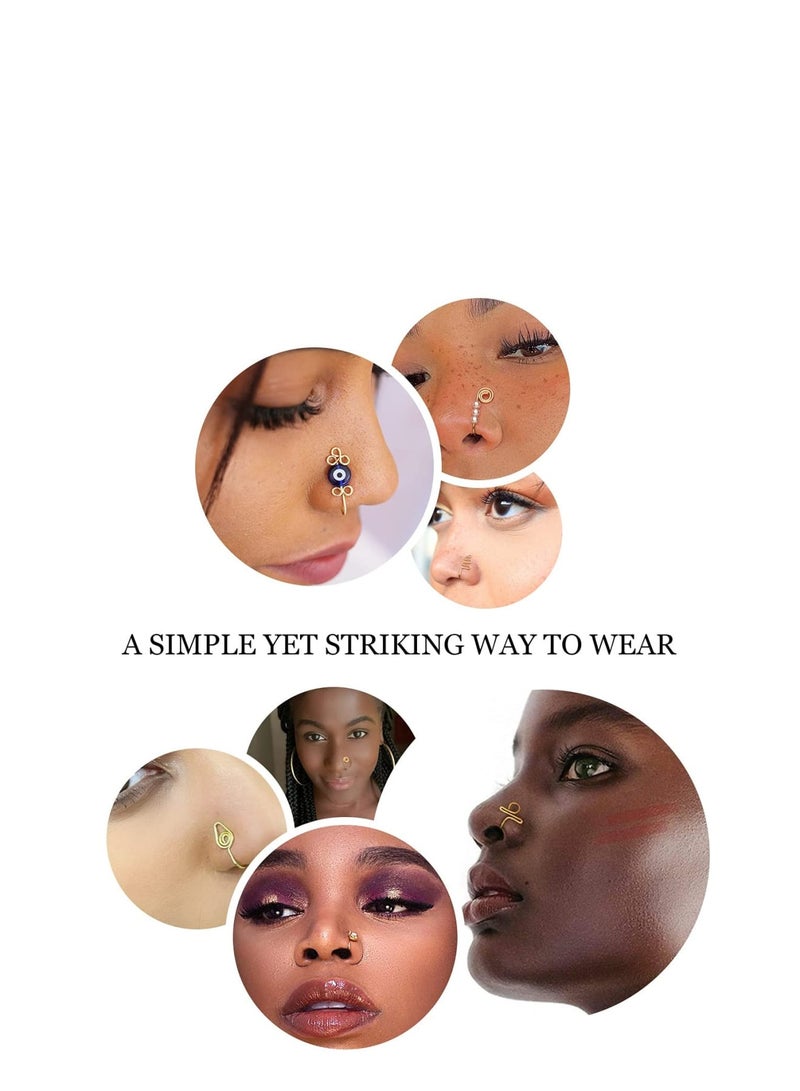 Suntown 12 Pcs African Nose Cuff Non Piercing, Clip On Nose Ring for Women, 14k Gold Plating Nose Ring Cuffs Set, Evil Eye, Crystal, Pearl Nose Cuffs, Fake Nose Cuff for Women and Girls - Image 3
