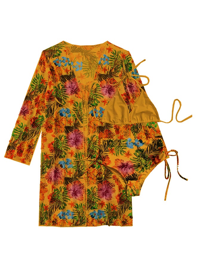 MARGOUN Women's Large Size Three-Piece Swimsuit Padded Blouse Open Back Two Piece Swimsuit Tank Top with Panties Slim Fit  Printed Swimwear Yellow /L(Bust 88-93/Waist 71-76/Hip 94-101) - Image 1