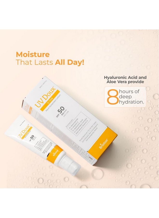 Brinton - Uv Doux D-Tan Aqua Sunscreen Lotion | Spf 50 Pa++++ | 8-Hour Hydration, D-Tan Formula With Niacinamide & Vitamin C, 50 Ml (Pack Of 1) - Image 1