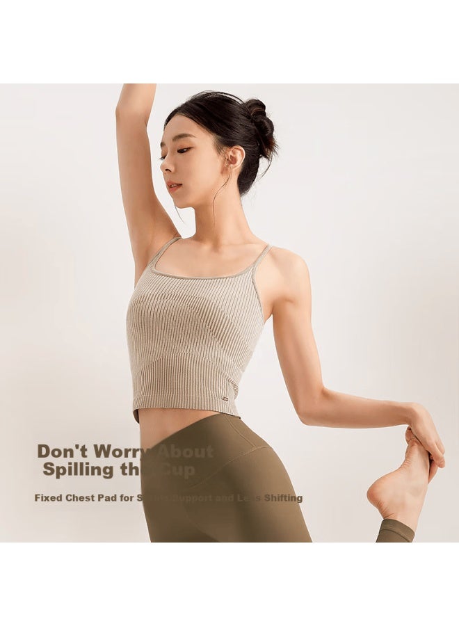 Vfu Seamless Textured Modal Sports Bra With Built-in Cup, Tank Top, Wearable Bra, Beige Almond, L