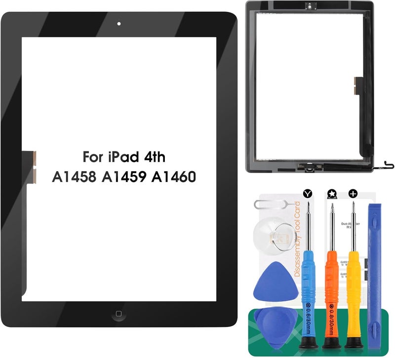 SRJTEK for iPad 4 Screen Replacement- Touch Screen for iPad 4 4th Gen A1458 A1459 A1460 Digitizer Glass Sensor Assembly Repair Parts Kits,Include Home Button,Adhesive,Tempered Glass Black - Image 1