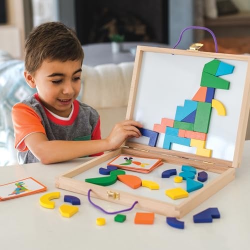 MindWare Imagination Magnets Wooden Pattern Blocks Set Imaginative Play with magentic Shapes in a Carrying case 42 Magnetic Solid Wooden Blocks 50 FullColor Laminated Puzzles - Image 5