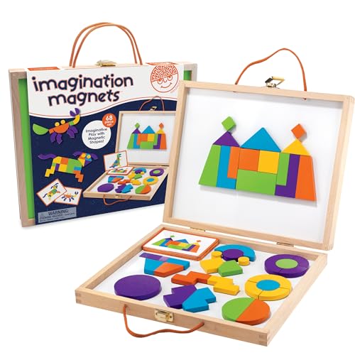 MindWare Imagination Magnets Wooden Pattern Blocks Set Imaginative Play with magentic Shapes in a Carrying case 42 Magnetic Solid Wooden Blocks 50 FullColor Laminated Puzzles - Image 1