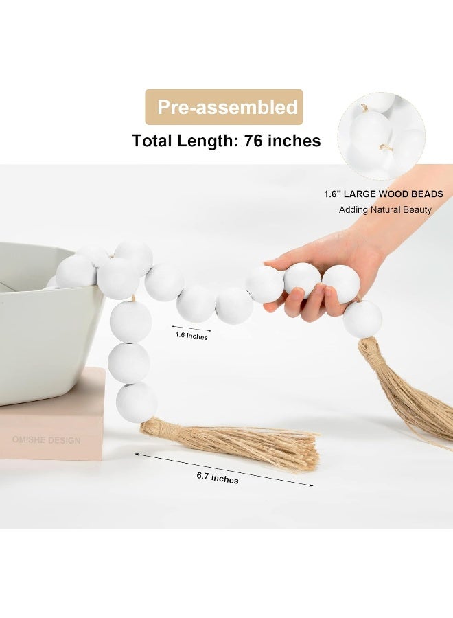 OMISHE OMISHE 76" Long Large Wood Bead Garland with 1.6" Diameter Wooden Beads and Tassels, Rustic Farmhouse Country Wood Beads Garland for Home Tiered Tray Decor, Decorative Beads with Tassels White  - Image 2