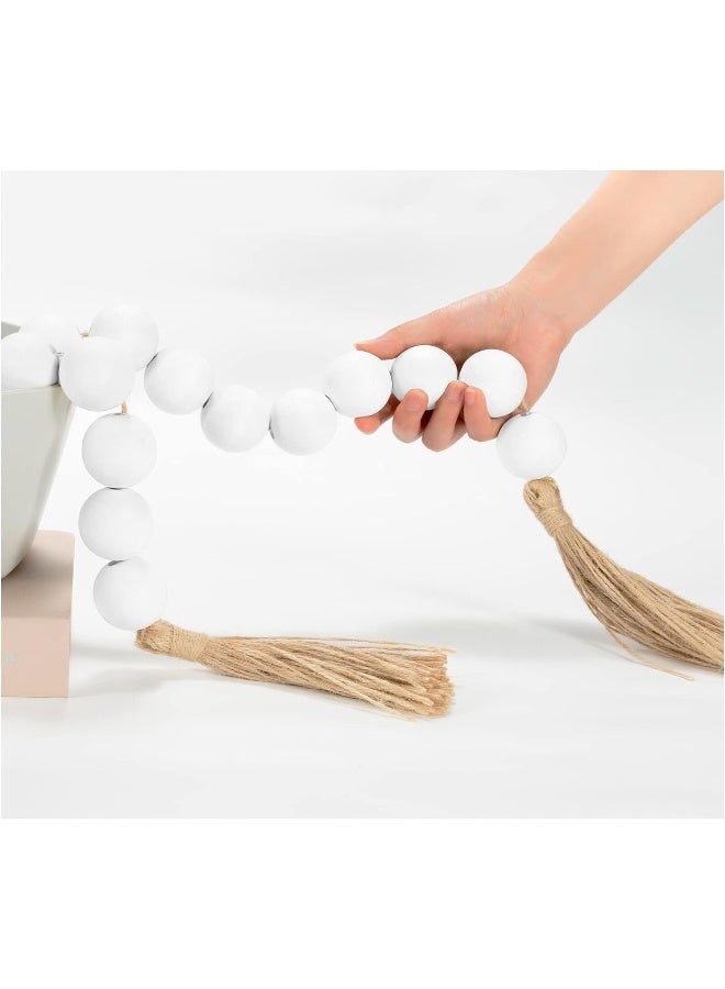 OMISHE OMISHE 76" Long Large Wood Bead Garland with 1.6" Diameter Wooden Beads and Tassels, Rustic Farmhouse Country Wood Beads Garland for Home Tiered Tray Decor, Decorative Beads with Tassels White  - Image 1