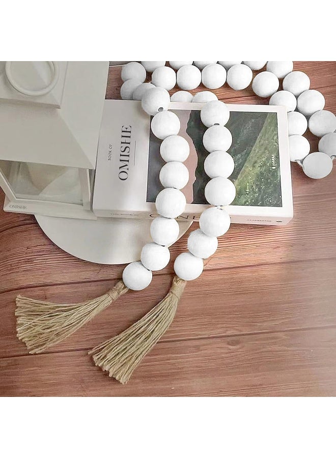 OMISHE OMISHE 76" Long Large Wood Bead Garland with 1.6" Diameter Wooden Beads and Tassels, Rustic Farmhouse Country Wood Beads Garland for Home Tiered Tray Decor, Decorative Beads with Tassels White  - Image 4