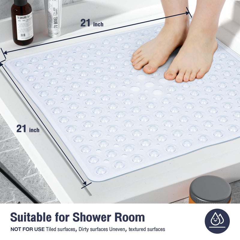 Naoloture Clear Square Shower Mat Bathtub Mat Non Slip 21x21 Inch, Square Bath Mat for Inside Shower Tub, Shower Stall Mats for Bathroom Floor, Big Suction Cups Drain Hole, Easy Washable, BPA-Free - Image 2