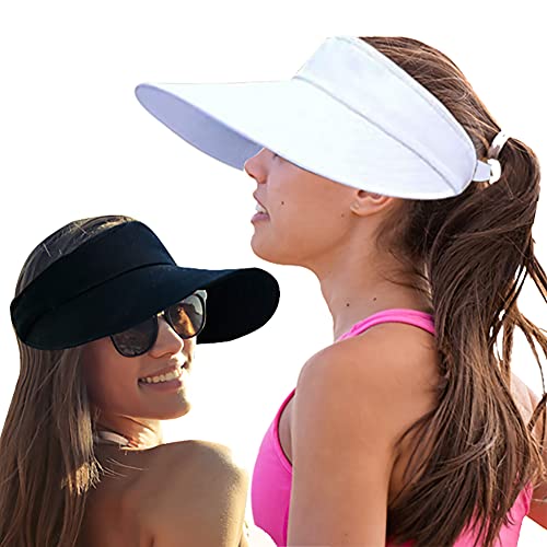 CAMOLAND 2PCS Wide Brim Sun Visor Hat Women Large UV Protective Golf Beach Cap, Design in Korea 1black+1white - Image 1