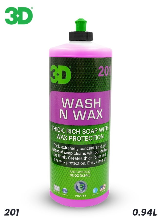 3D Wash N Wax Car Shampoo 32oz / 946ml 0.94L – Thick Rich Foam Soap with Carnauba Polymer Wax Protection, pH Balanced High Foaming Cleaner for Cars SUVs Bikes, Deep Shine Gloss Finish, Safe on Paint Clear Coat Plastic Trim, Easy Rinse Auto Detailing Wash - Image 1