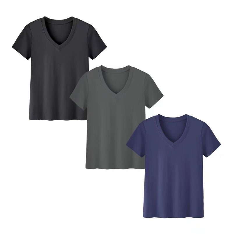 2025 Short-Sleeved Loose Slit Top Three-Piece T-Shirt Combination Pure Color Women's Clothing - Image 1