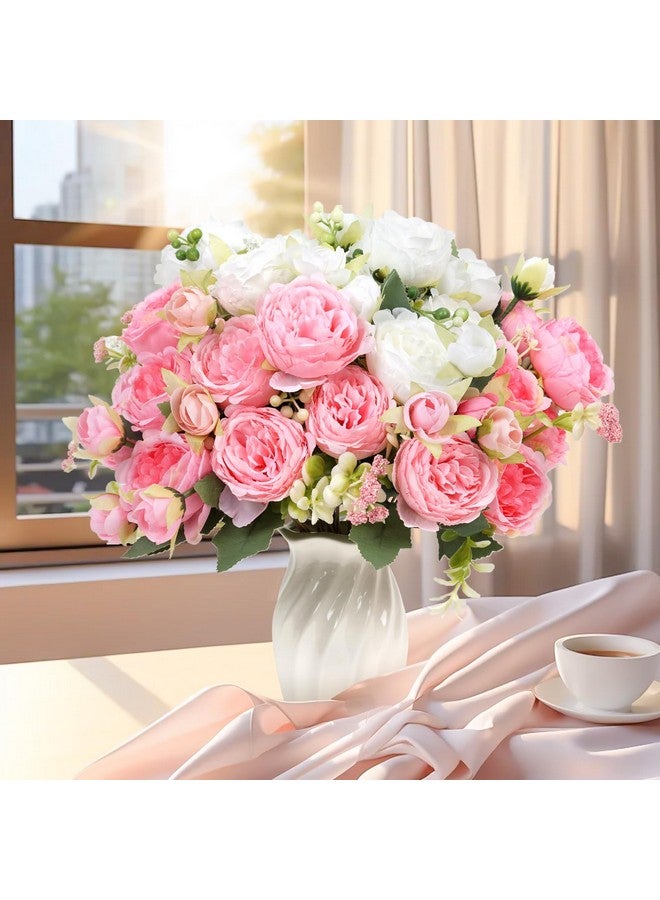FADACHY Peonies Artificial Flowers,Pink White Fake Flowers Bouquets, 20 Heads Faux Peony Flowers in Vase,Silk Flowers for Home Decor Indoor Centerpieces Grave,Wedding Flowers Decorations - Image 1