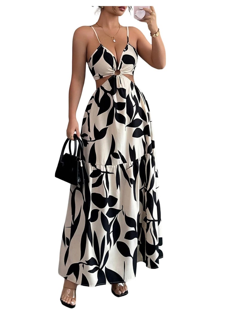 Floerns Women's Cut Out Tie Back Boho Maxi Dress Spaghetti Strap Beach Vacation Tiered Long Dresses Apricot Medium - Image 1