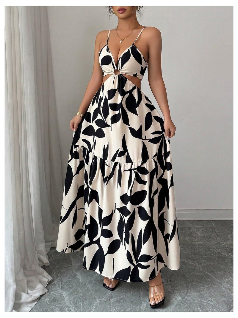 Floerns Women's Cut Out Tie Back Boho Maxi Dress Spaghetti Strap Beach Vacation Tiered Long Dresses Apricot Medium - Image 2