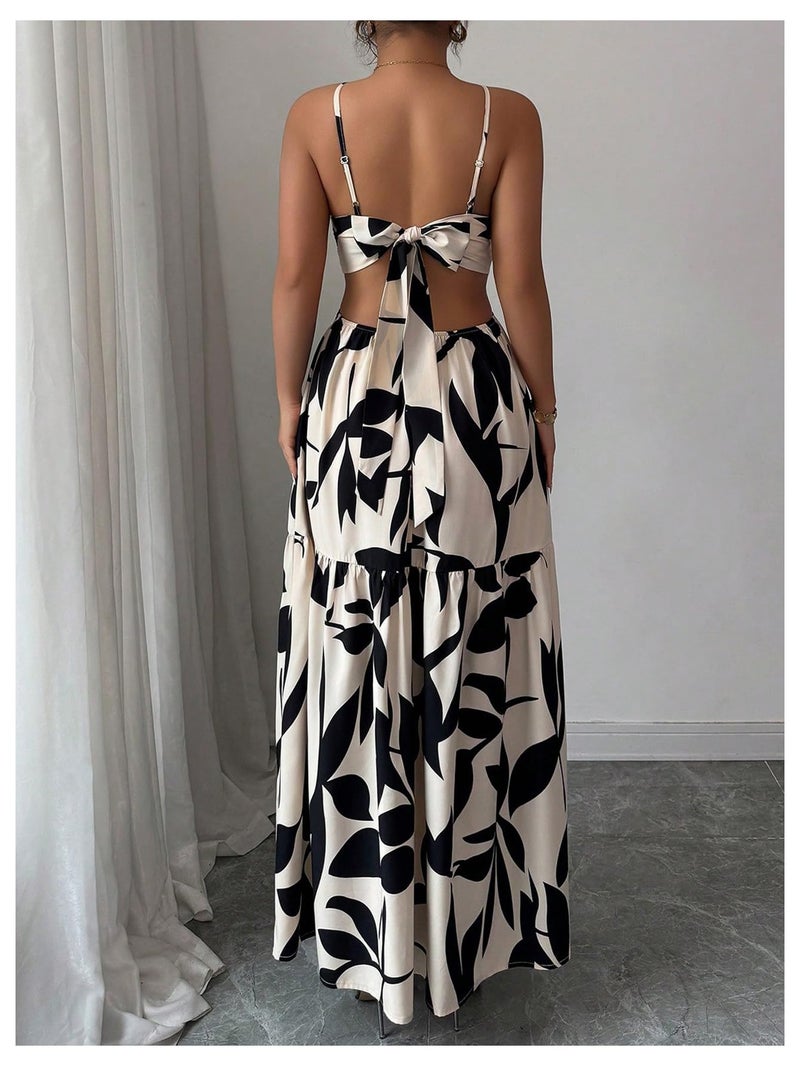 Floerns Women's Cut Out Tie Back Boho Maxi Dress Spaghetti Strap Beach Vacation Tiered Long Dresses Apricot Medium - Image 3