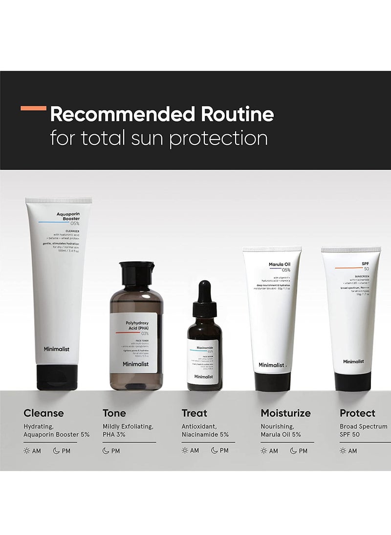 MINIMALIST - Sunscreen Cream SPF 50 Lightweight No White Cast Broad Spectrum Acne Safe 50gm - Image 1
