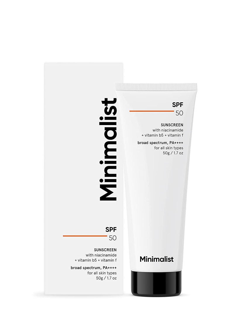 MINIMALIST - Sunscreen Cream SPF 50 Lightweight No White Cast Broad Spectrum Acne Safe 50gm - Image 1