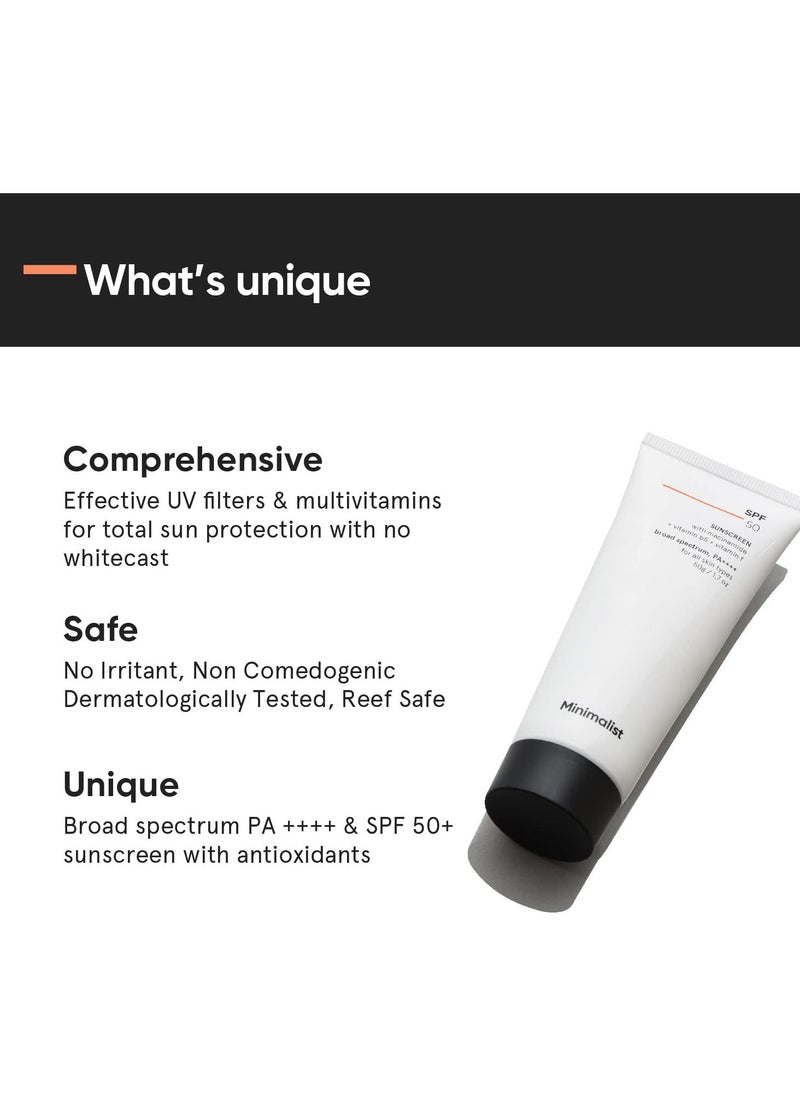 MINIMALIST - Sunscreen Cream SPF 50 Lightweight No White Cast Broad Spectrum Acne Safe 50gm - Image 1