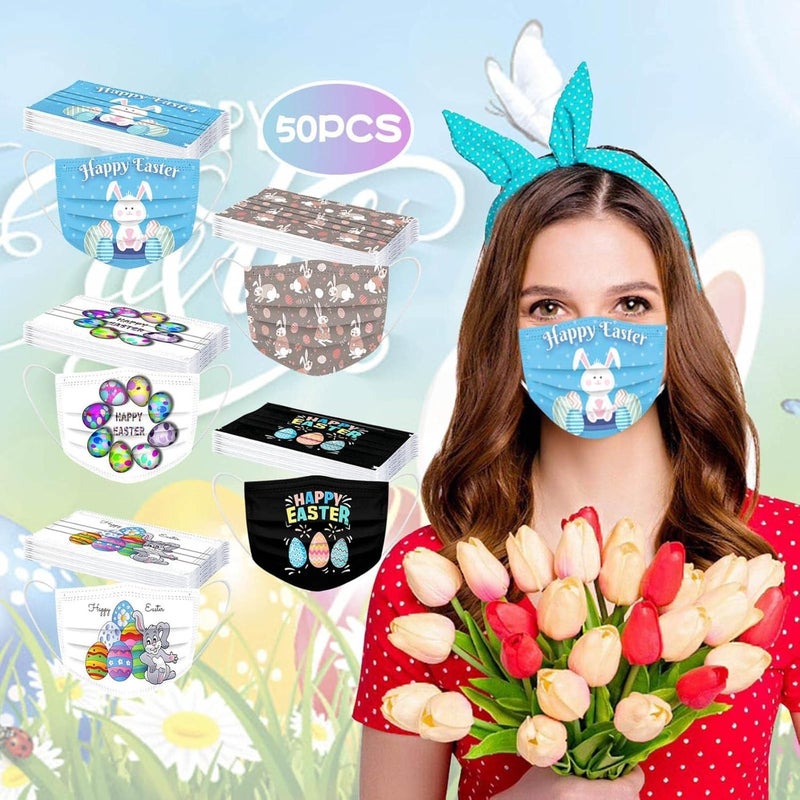 woobles Easter Disposable Face Masks for Adults Women,50Pc Rabbit Printed Designs Paper Face Mask 3 Ply Protection Breathable G - Image 2