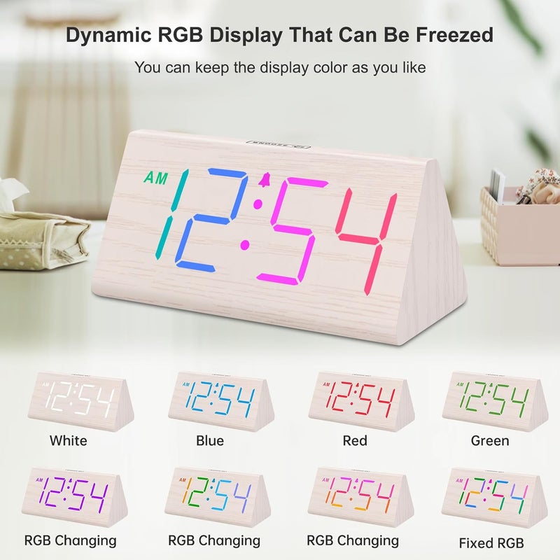 دريم سكاي ساعة منبه رقمية خشبية من للغرف - ساعة مكتب كهربائية RGB بأرقام كبيرة، منفذ USB، منبه عالي الصوت للنوم العميق، مخفت وضبط الصوت، غفوة، ديكور خشبي (مزود بمحول) - Image 3