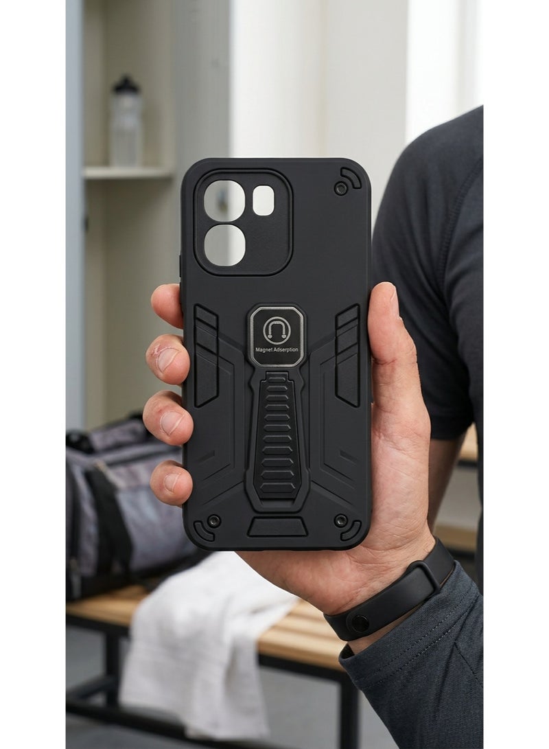 غطاء خلفي متين للغاية ومقاوم للصدمات، مزود بمسند مدمج ولاصق مغناطيسي. متوافق مع هاتف أوبو A6، خيار ممتاز لمن يقدرون الفخامة. - Image 2