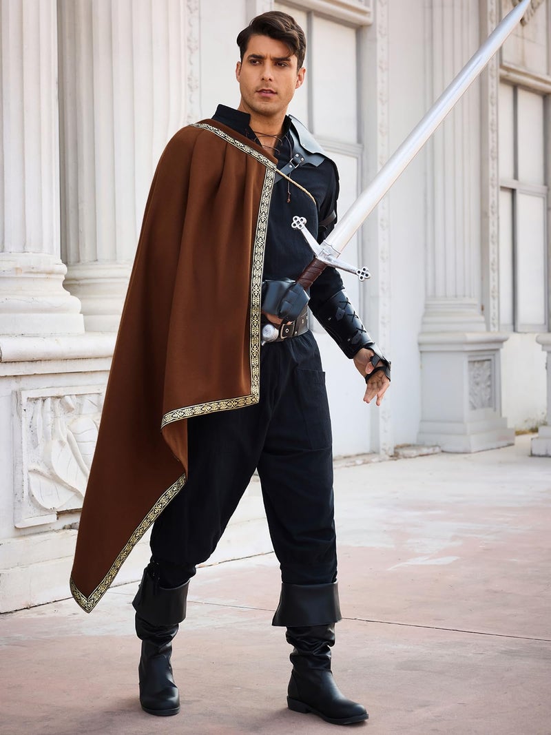 Runcati Mens Renaissance Shawl Half Shoulder Cape Medieval Samurai Cloak LARP Warrior Ren Faire Halloween Costume - Image 4
