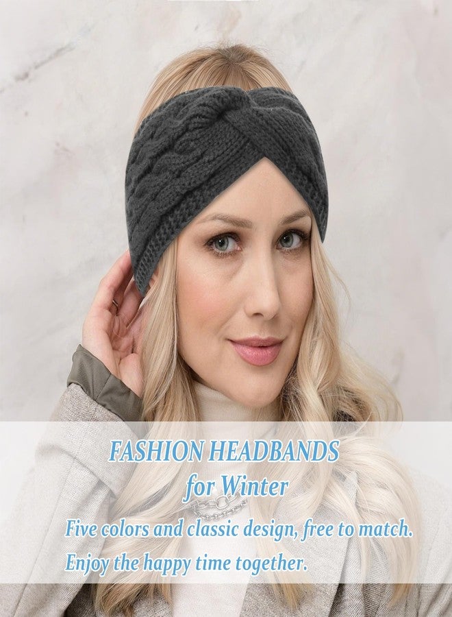 CIEHER 5 Pieces Knit Wide Winter Headbands for Women, Crochet Turban Stretch Thick Head Band with Plush, Fleece Lined Ear Warmers Stocking Stuffers - Twist Crochet Color 1 - Image 4