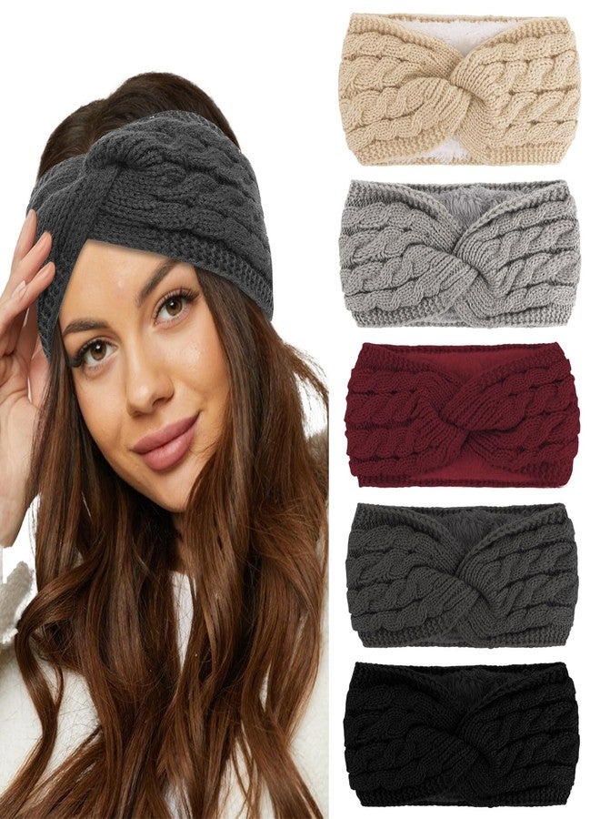 CIEHER 5 Pieces Knit Wide Winter Headbands for Women, Crochet Turban Stretch Thick Head Band with Plush, Fleece Lined Ear Warmers Stocking Stuffers - Twist Crochet Color 1 - Image 1