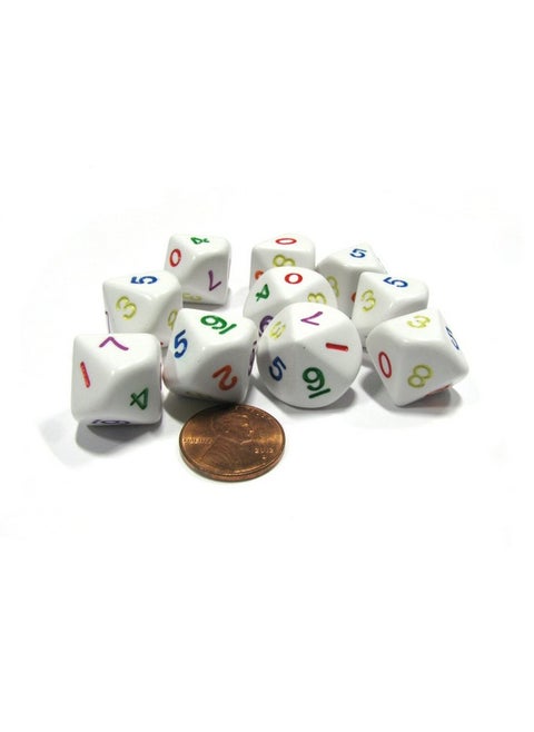 Set Of 10 D10 Tensided Opaque Rainbow Dice 09 White With Multicolor Number