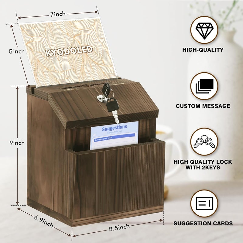 KYODOLED Wood Suggestion Box with Lock Wall Mounted, Rustic Ballot Donation Key Drop Box with Clear Acrylic Sign Holder and 30 Free Suggestion Cards 9H x 6.9W x 8.5L Inch - Image 2