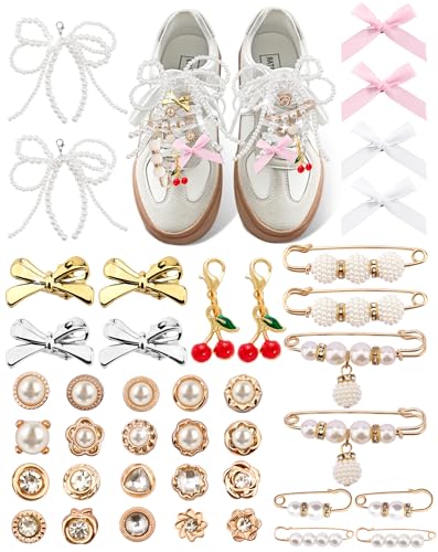 Yawlsow 40 Pcs Shoe Charms for Sneakers Junk Charms for Women Shoe Lace Socks Contain Brooches, Pins, Clips, Bows, Jewelry, Pearl Charm Accessories Bulk for Clothes Bag Hat - Image 1
