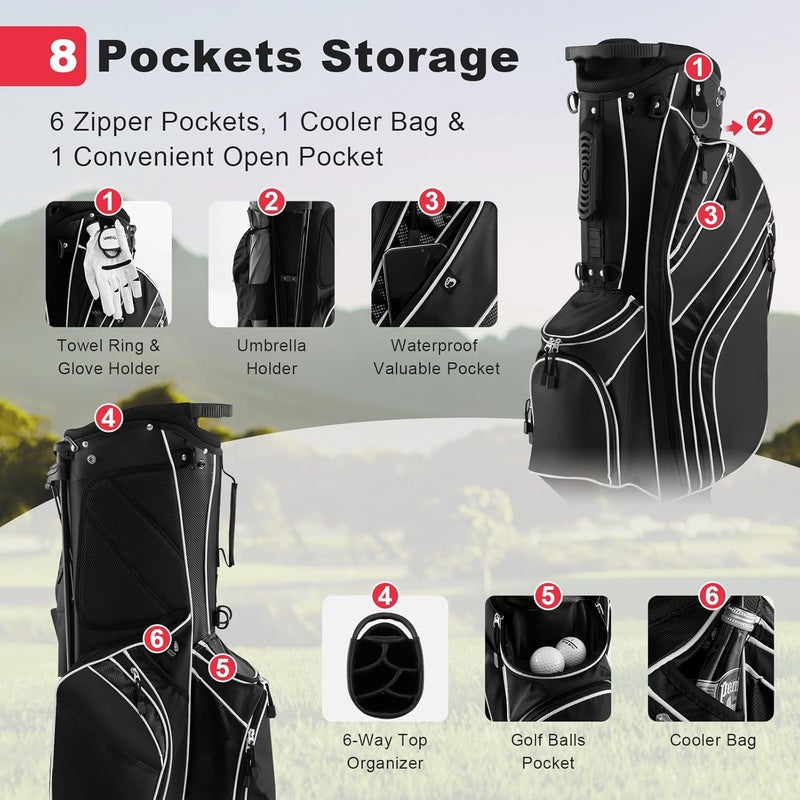 GYMAX Golf Stand Bag, 6 Way Divider Golf Club Bag with 8 Pockets, Rain Hood, Umbrella Holder & Glove Sticker, Portable Lightweight Golf Bag for Men Women - Image 2