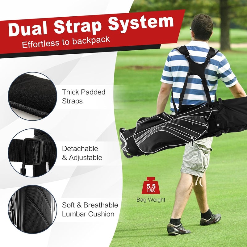 GYMAX Golf Stand Bag, 6 Way Divider Golf Club Bag with 8 Pockets, Rain Hood, Umbrella Holder & Glove Sticker, Portable Lightweight Golf Bag for Men Women - Image 4