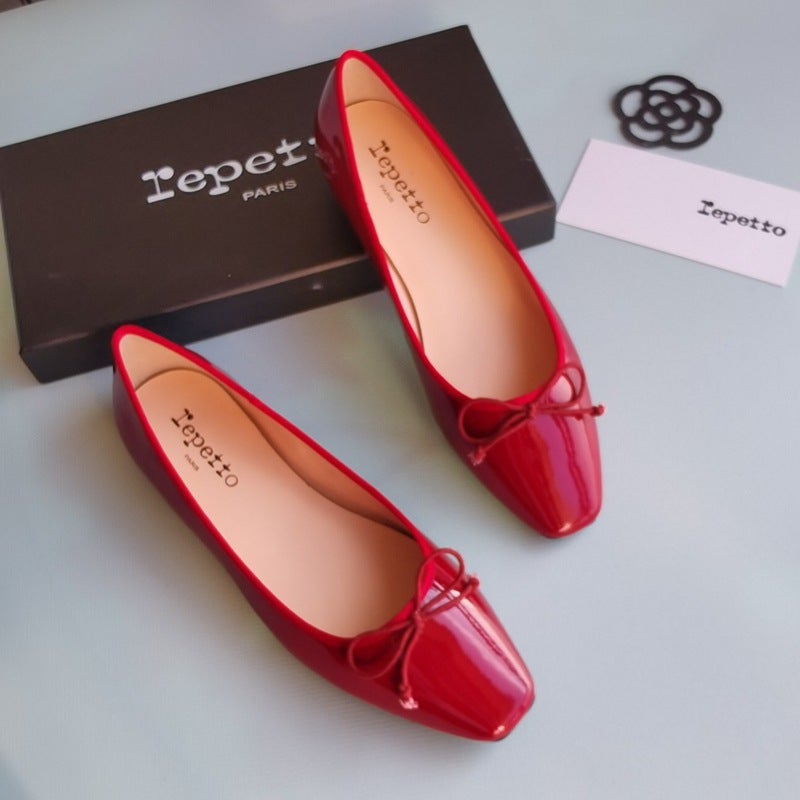 Generic Small Square Head Ballet Shoes Low Heel Bow Shallow Mouth Shoes Low-top Flat Patent Leather Red Shoes Womens Boat Shoes Red