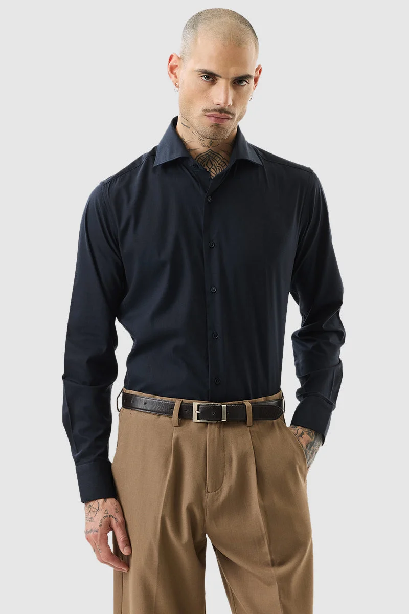 SNITCH Navy Blue Solid Slim Fit Luxe Shirt